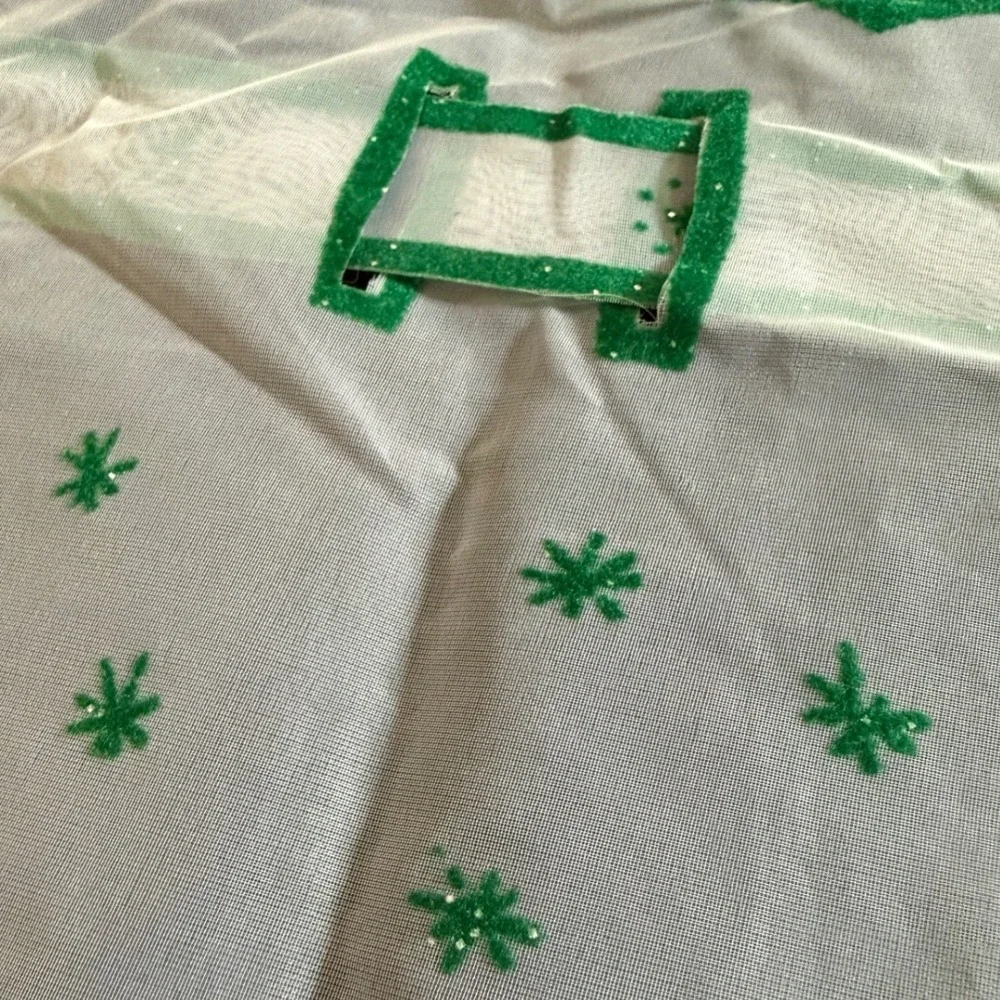 Vintage MCM Christmas Half Apron Green Flocked Sleigh White Organza Holiday MCM